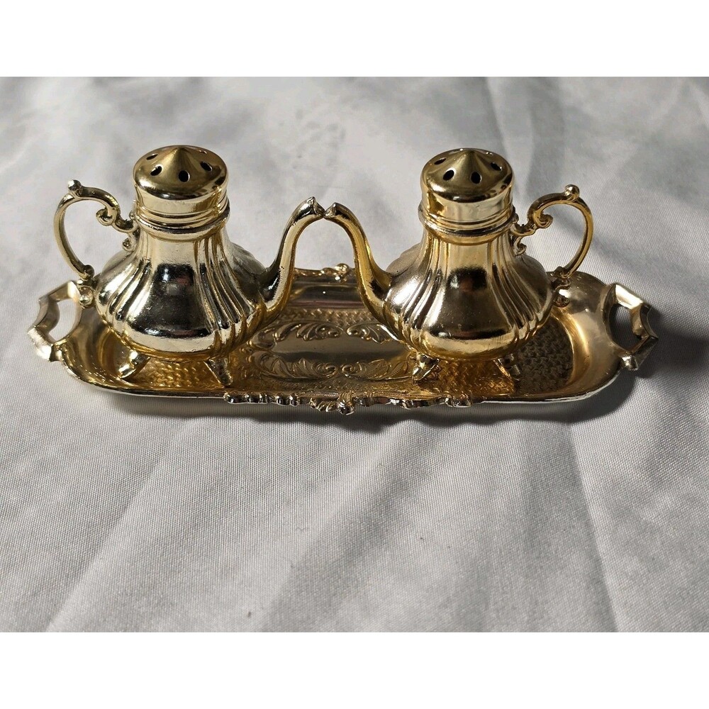 Vintage Gold Tone Teapot Salt Pepper Shakers w Ornate Serving Tray Mini Set